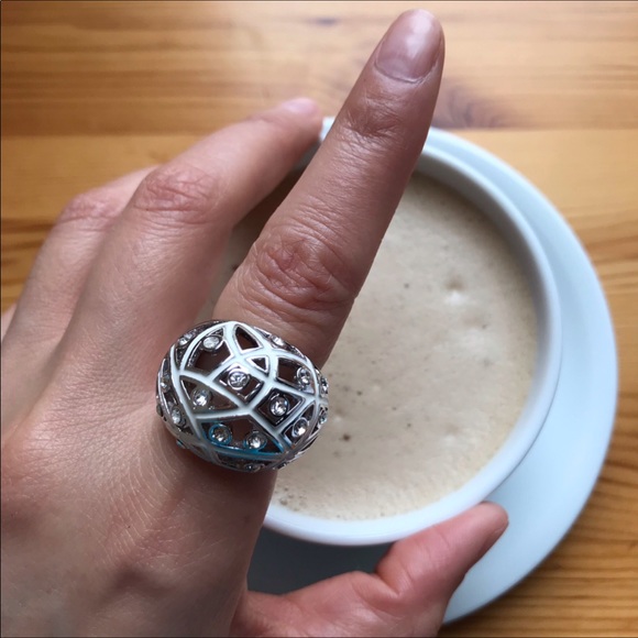 White Web Dome Crystal Silver Ring - Picture 9 of 16